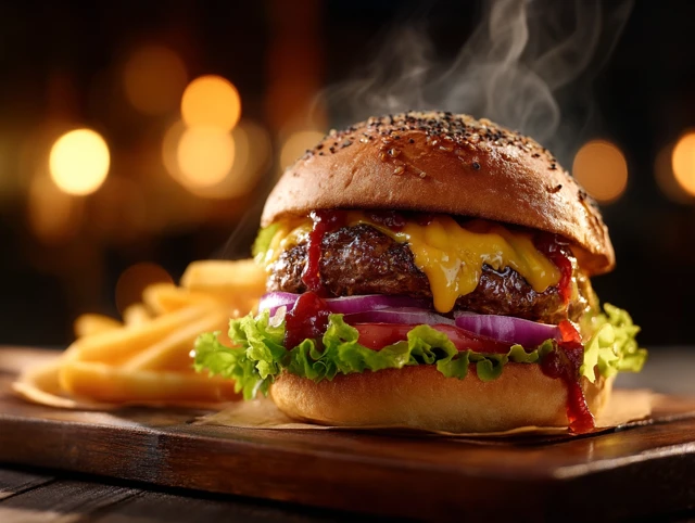 Juicy Burger with Melted Cheese and Fries