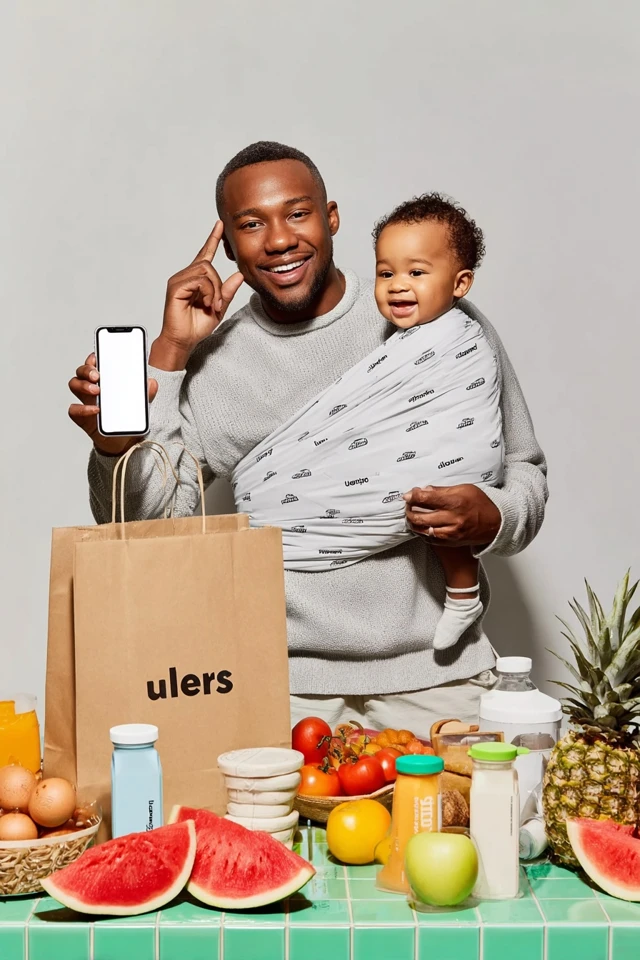 Joyful Dad with Baby Kitchen and iPhone
