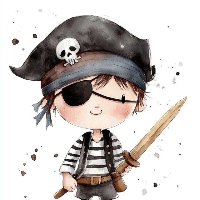 Cartoon Pirate Boy with Eyepatch and Wooden Sword