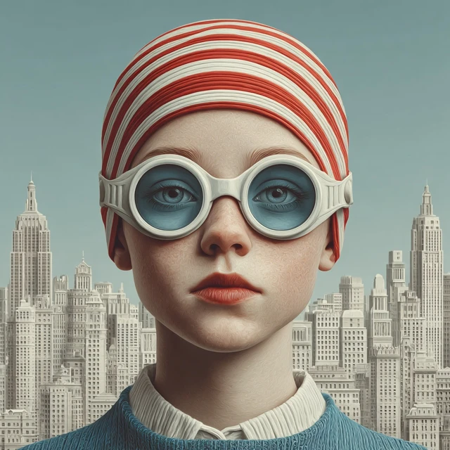 Girl in Swim Cap and Goggles with Cityscape