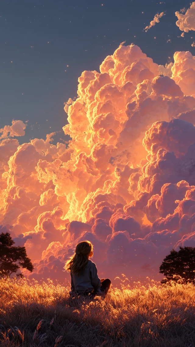 Dreamy Twilight Scene: Girl Under Glowing Sky