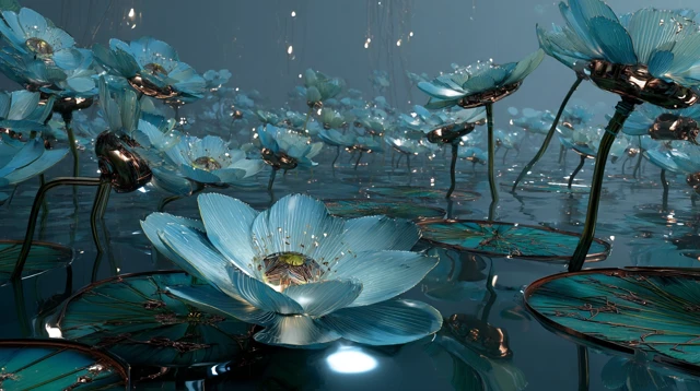 Cyberpunk Lotus Flowers Teal Blue World