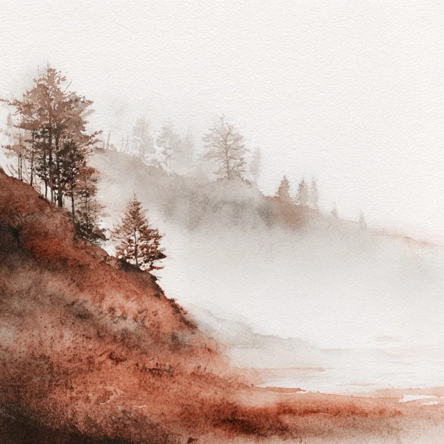 Foggy Watercolor Landscape Hometown Scene