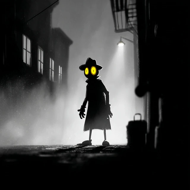 Noir Detective with Glowing Eyes in Foggy Street