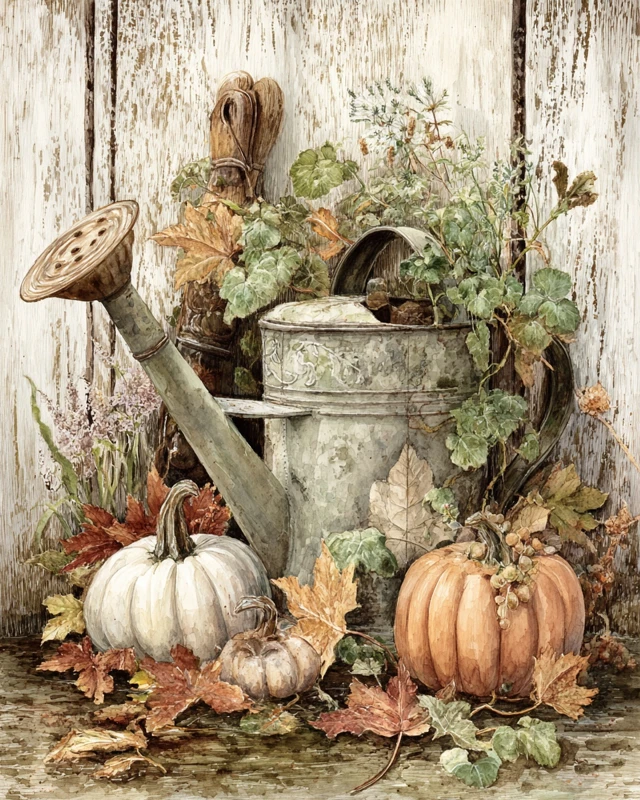 Autumn Watercolor Watering Can Pumpkins Leaves