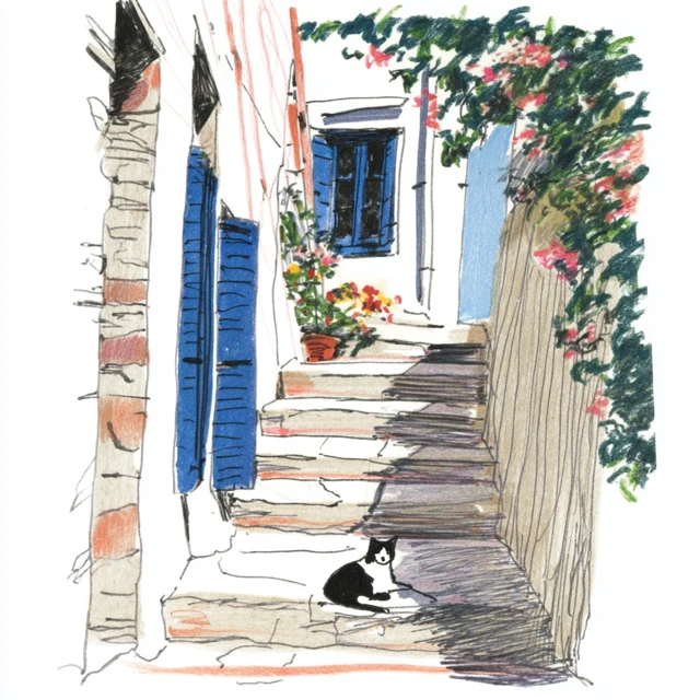 Greek Island Village Scene Coloring Page