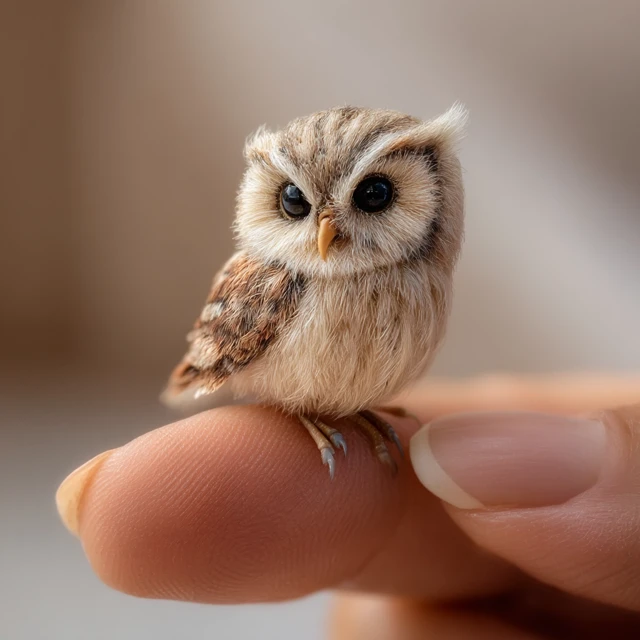 Tiny Owl Perched on Fingertip Hyper Realistic Photo