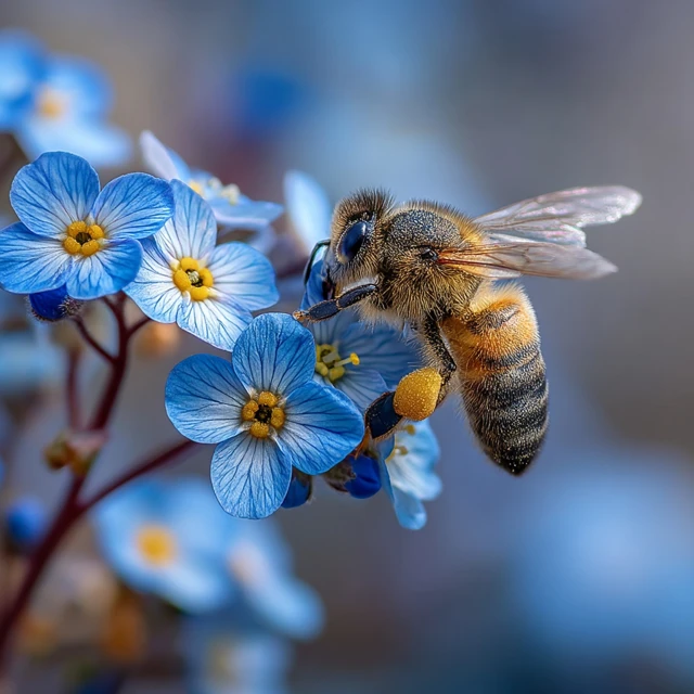 Bee on Blue Flowers Macro Photography