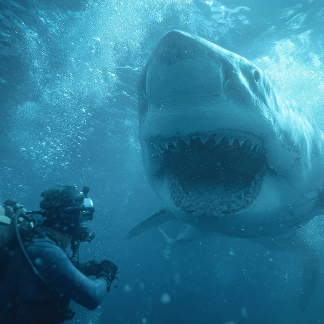 Diver and Great White Shark Underwater Encounter