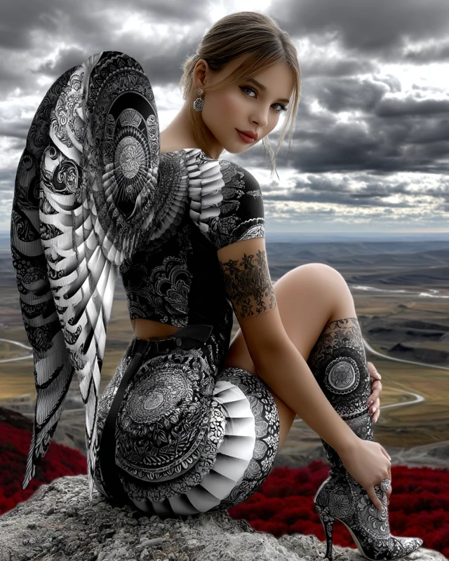 Beautiful Angel with Zentangle Tattoos and Wings