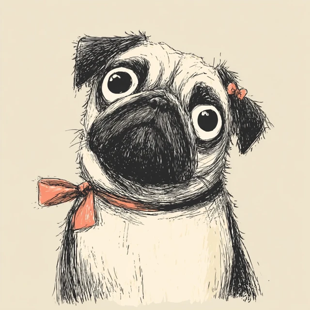 Pug Drawing with Bow Adorable Simple Illustration