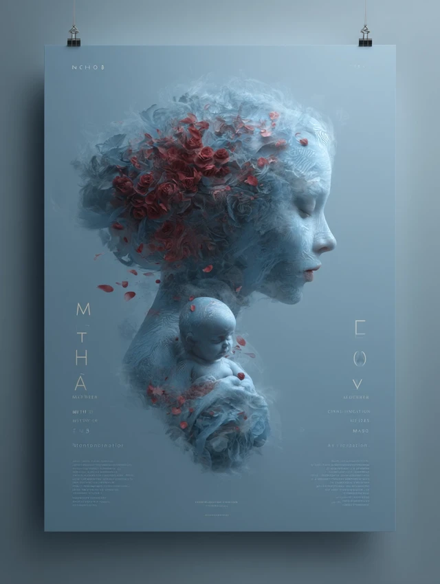 Mothers Day Poster: Mother and Baby, Roses, Elegant Design