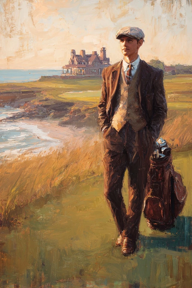 Vintage Golfing Gentleman Seaside Scene