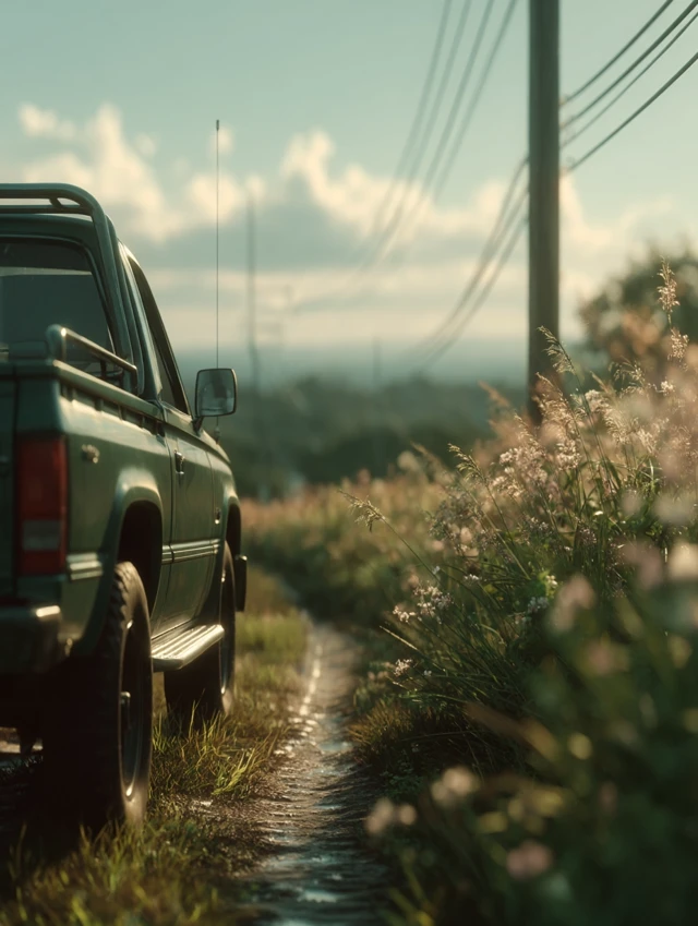 Green Van on Soil Road Field to City