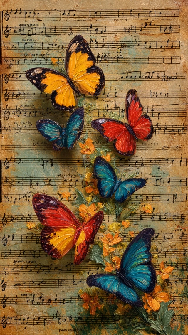 Butterflies on a Vintage Music Sheet Art