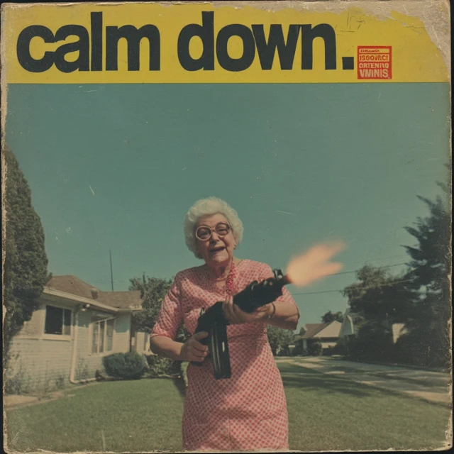 Calm Down Album Cover: Grandma with Flamethrower