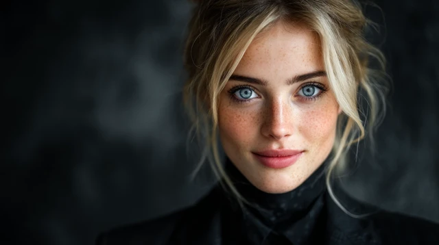 Elegant Caucasian Woman Portrait Blonde Hair Blue Eyes