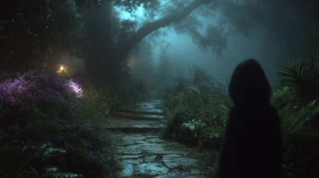 Mysterious Forest Scene with River and Stone Structure
