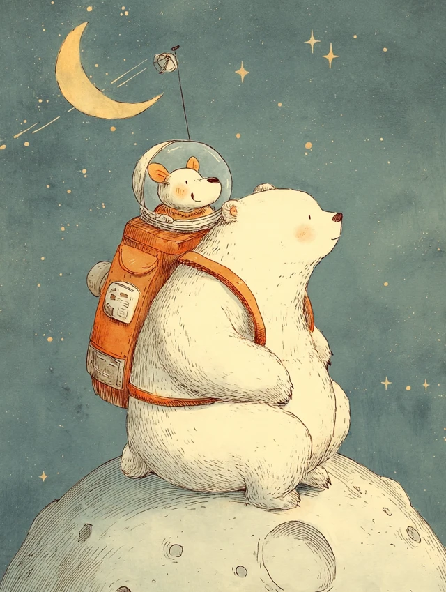 Cute Bear and Dog Astronauts on the Moon - Kawaii Illustration