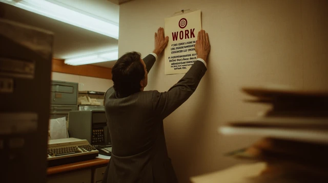 1980s Corporate Office Man Pinning WORK Poster