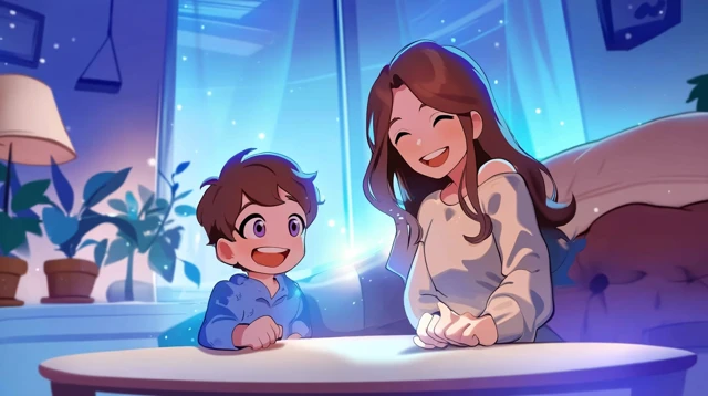 Cozy Family Illustration Boy and Mom Talking