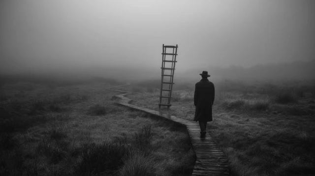 Solitary Man on Path Surreal and Melancholic