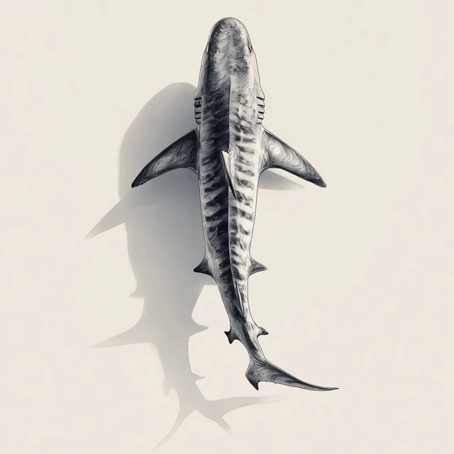 Tiger Shark Tattoo Drawing Aerial View Black and White