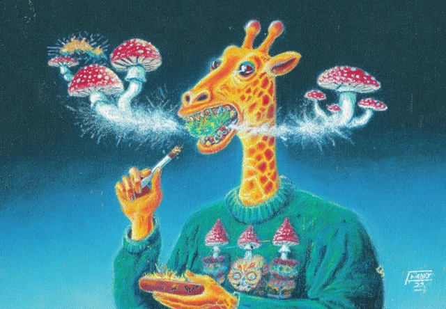 Cool Dog Blowing Mushrooms Art Illustration