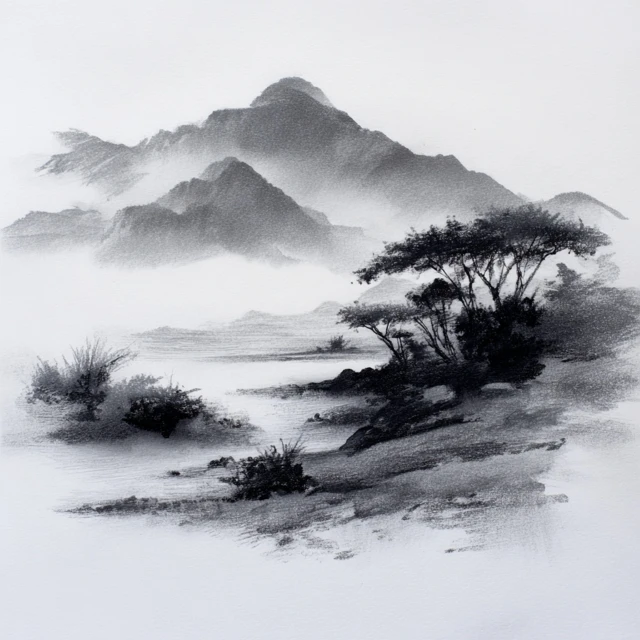 Chinese Mountain Landscape Pencil Sketch