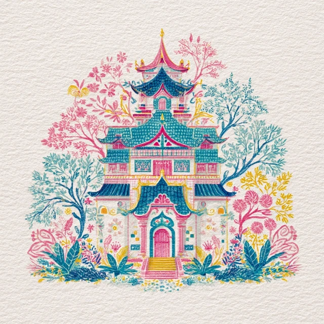 Chinese Palace Illustration in Pastel Colors
