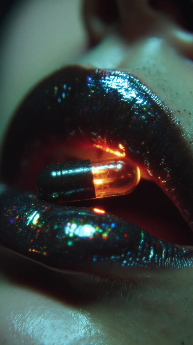 Glossy Lips and Holographic Pill - Cinematic Photo
