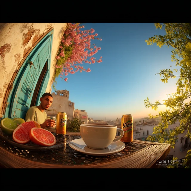 Sunset Balcony Scene: Young Men Relaxing with Drinks