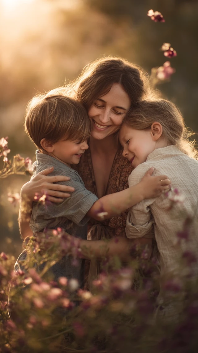 Loving Mother and Children Embrace Outdoors in Golden Hour