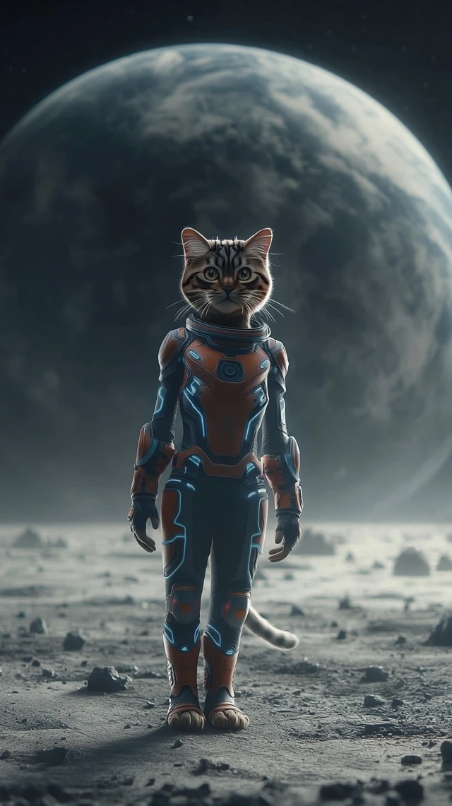 Space Cat Astronaut on the Moon Futuristic SciFi Art