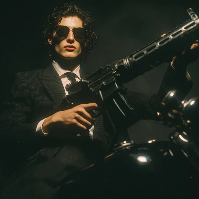 Man in Suit with Rifle Motorcycle Yves Saint Laurent