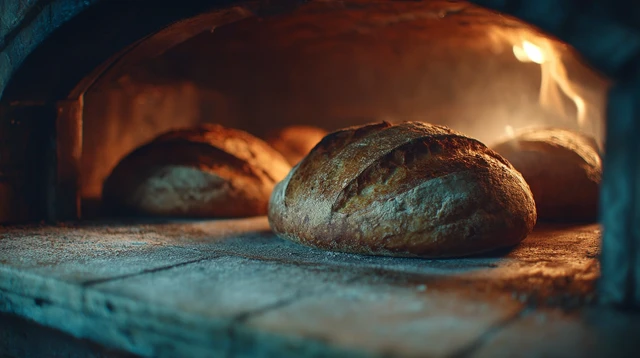 Golden Bread Baking in a Wood Fired Oven