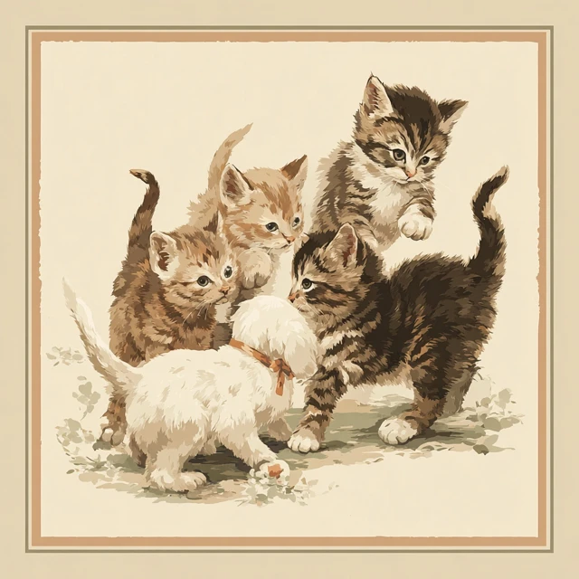 Vintage Kittens Playing Adorable Animal Illustration