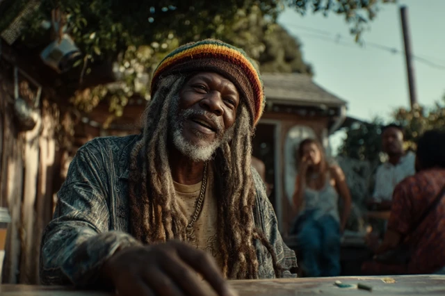 Man with dreadlocks at backyard barbecue scene