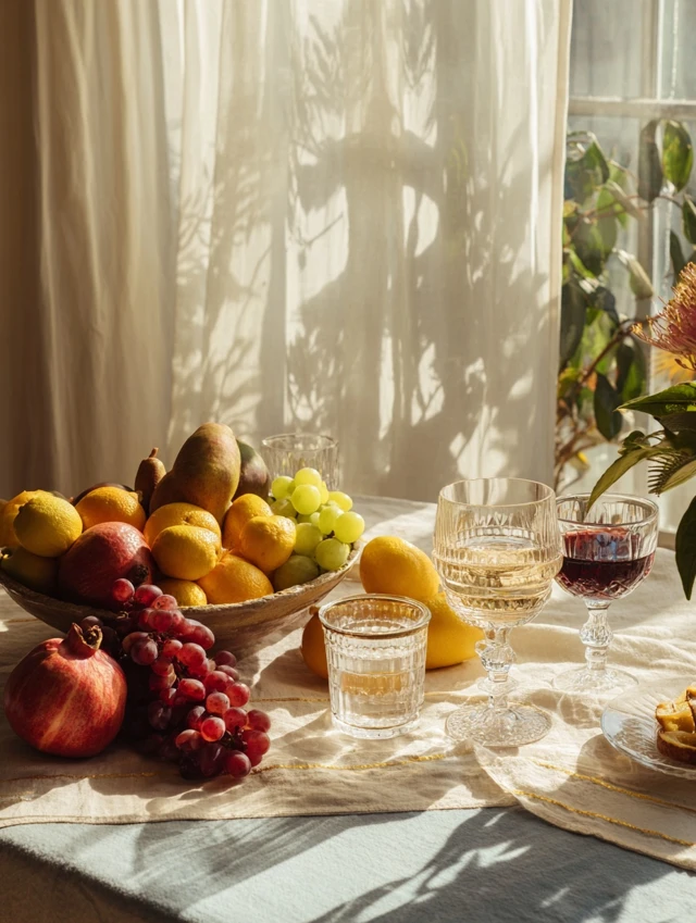 Still Life Table Setting with Fruits and Wine