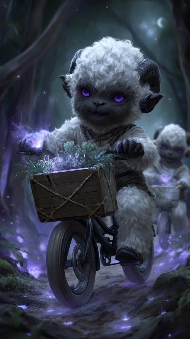 Fantasy Sheep Monster Baby on a Bicycle in Magical Forest
