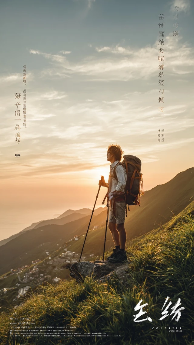 Adventurous Man Hiking on Mountain Sunset