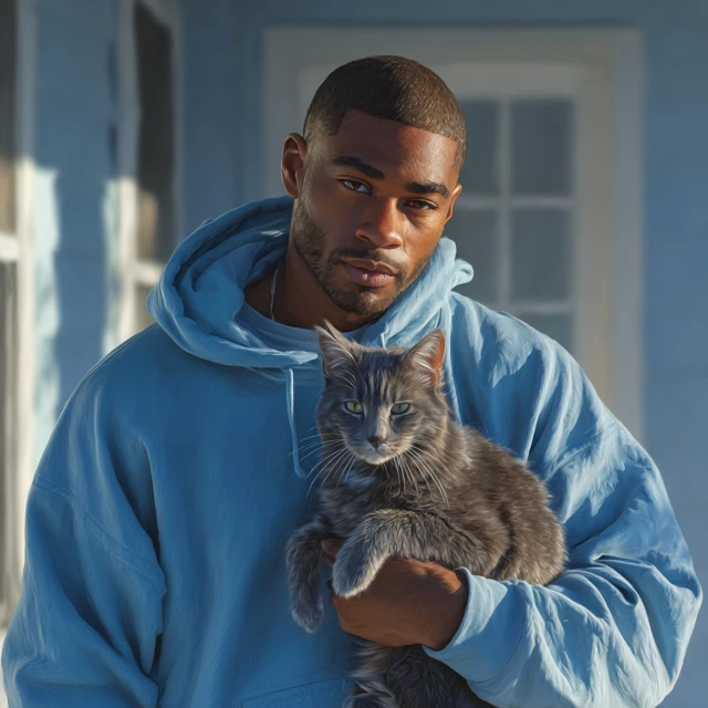 Handsome Man with Cat Blue Hoodie Photorealistic