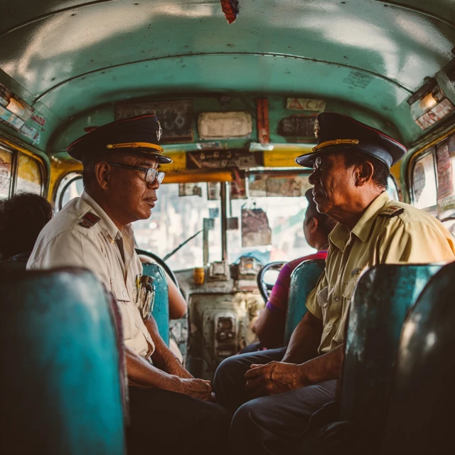 Bus Conductors Discussing Ticket Prices in the Philippines