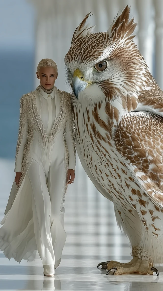 Fashion Model and Falcon on Runway Ultra Realistic