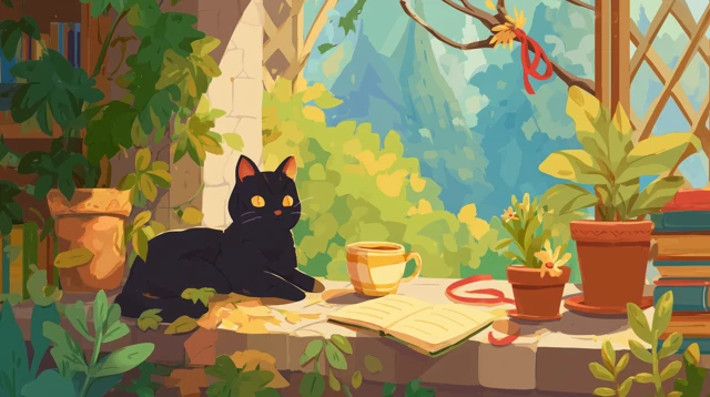 Cozy Cartoon Cat Library Scene