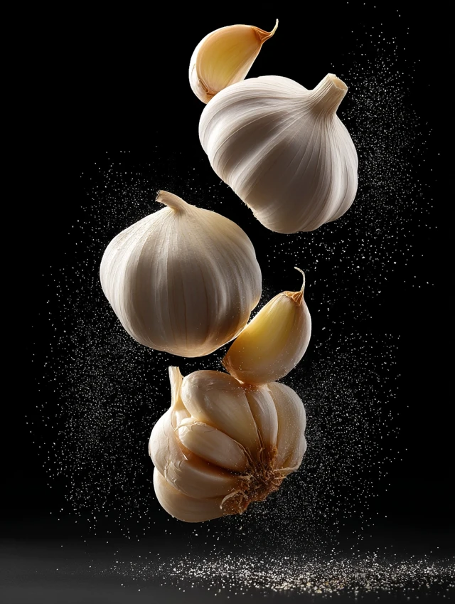 Garlic Cloves Floating Black Background