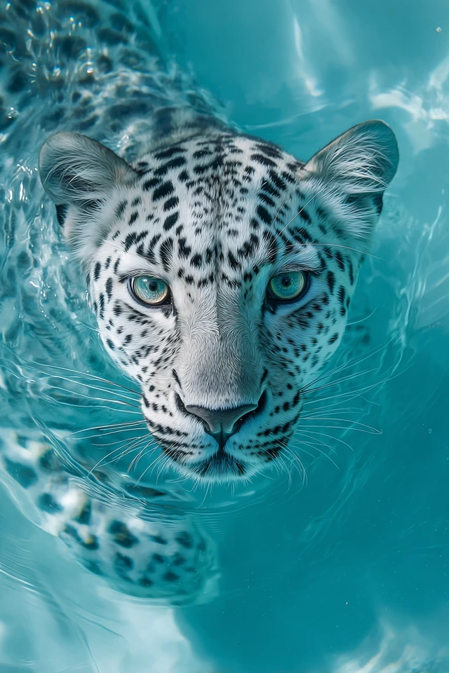 Amur Leopard Swimming in Turquoise Pool