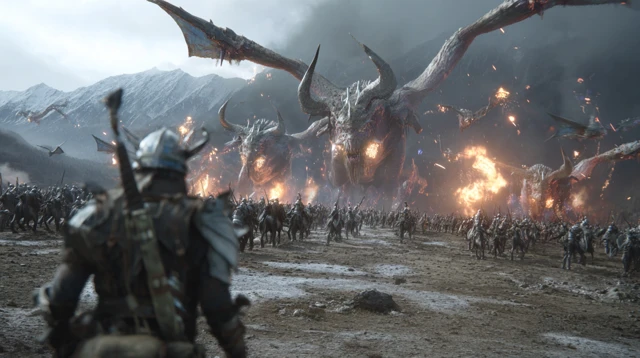 Fire Demon Army Charges Against Knights