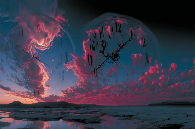 Surreal Time Travel: Hourglass in Red Sky