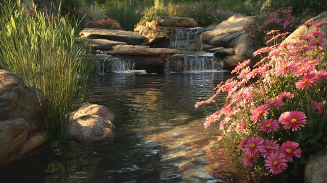 Tranquil Garden Stream with Waterfall and Flowers